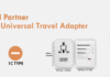 INNOVITY Universal Travel Adapter with 1 AC outlet, 3 USB ports, and 1 USB-C port shown through an airplane window. Dimensions: 74mm x 54.7mm x 52.7mm. The text reads 'Your Travel Partner INNOVITY Universal Travel Adapter.