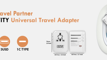 INNOVITY Universal Travel Adapter with 1 AC outlet, 3 USB ports, and 1 USB-C port shown through an airplane window. Dimensions: 74mm x 54.7mm x 52.7mm. The text reads 'Your Travel Partner INNOVITY Universal Travel Adapter.