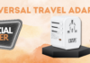 Promotional poster for a Universal Travel Adapter featuring a special offer price of £15.99. The adapter is white with multiple plug options for EU, UK, US/AUS. The text highlights "SPECIAL OFFER" and includes a "SHOP NOW" button. The website innovmarkets.com and the Instagram handle @innovity._ are also displayed. The background has a soft orange and beige gradient.