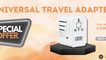 Promotional poster for a Universal Travel Adapter featuring a special offer price of £15.99. The adapter is white with multiple plug options for EU, UK, US/AUS. The text highlights "SPECIAL OFFER" and includes a "SHOP NOW" button. The website innovmarkets.com and the Instagram handle @innovity._ are also displayed. The background has a soft orange and beige gradient.