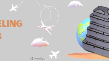 Image of a stack of gray packing cubes with text 'Traveling Cubes' and 'Shop Now' button, featuring airplane graphics and a globe in the background. Visit innovmarkets.com for more details.