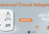 Promotional banner for Innov Markets featuring a universal travel adapter. The adapter is white with multiple plug configurations, marked for EU, UK, and USA/AUS. The text highlights the price "Now At £15.99" and includes a "Shop Now" button. The background showcases landmarks such as Big Ben, the Statue of Liberty, and the Eiffel Tower, along with an airplane graphic. The Innov Markets website (innovmarkets.com) and Instagram handle (@innovity._) are displayed at the bottom.