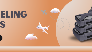 Advertisement banner for traveling cubes by Innovity, featuring a stack of gray packing cubes and a plane illustration on a peach background. The banner includes a 'Shop Now' button and the website URL 'innovmarkets.com