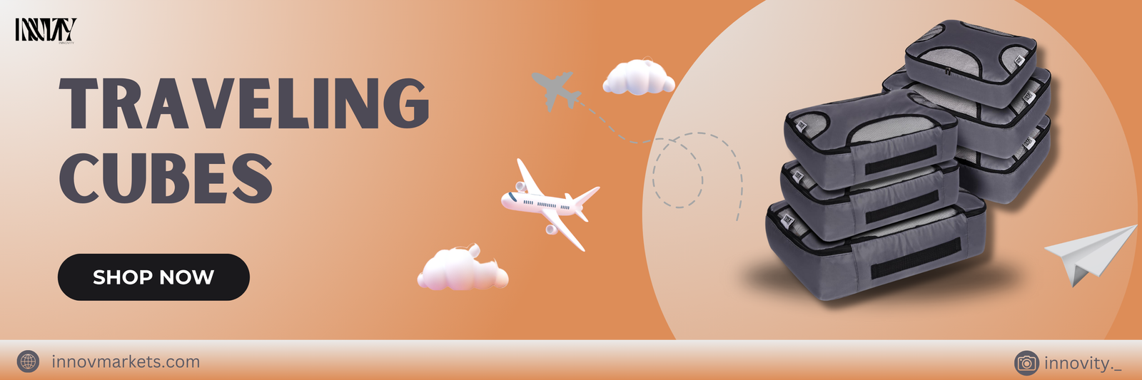 Advertisement banner for traveling cubes by Innovity, featuring a stack of gray packing cubes and a plane illustration on a peach background. The banner includes a 'Shop Now' button and the website URL 'innovmarkets.com